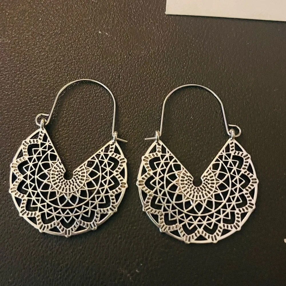 New Bohemian Mandala Minimalist Cut Out Hypoallergenic Silver Hoop Earrings
